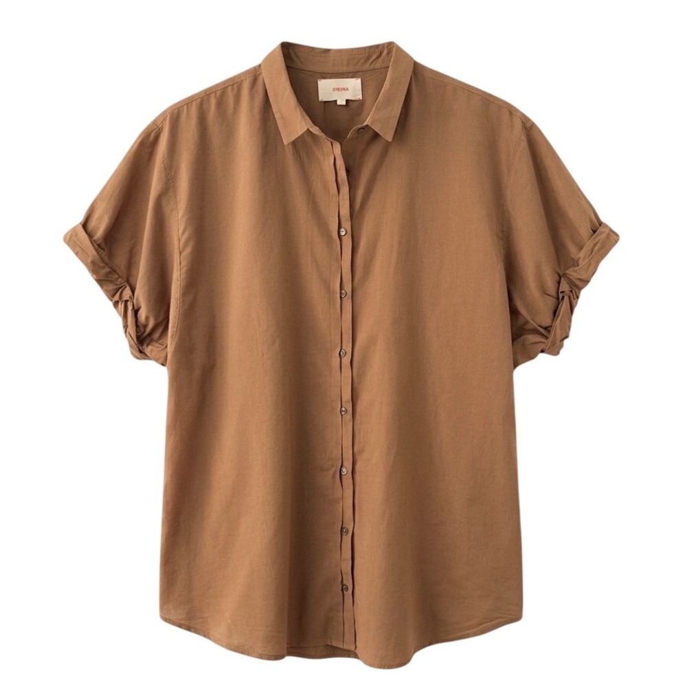 XÍRENA Channing Shirt Women Medium Brown EUC Short Sleeve Cotton Button Down